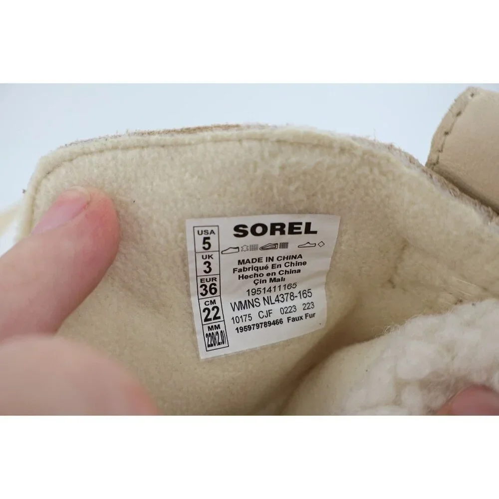 SOREL Joan of Arctic Next Boots Lug Sole Beige Leather Faux Fur Lined Size 5